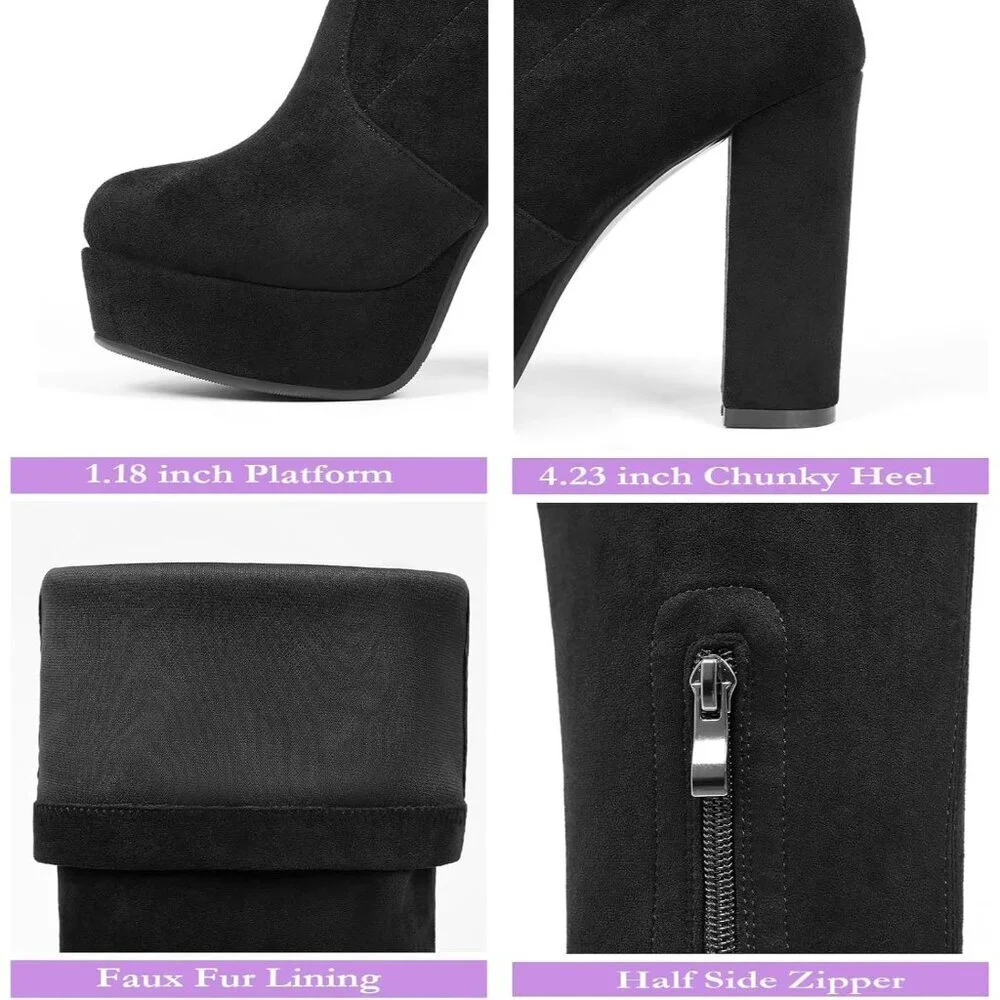 Women Black-sc-suede Synthetic Chunky Heel Side Zipper Thigh High Western Boots